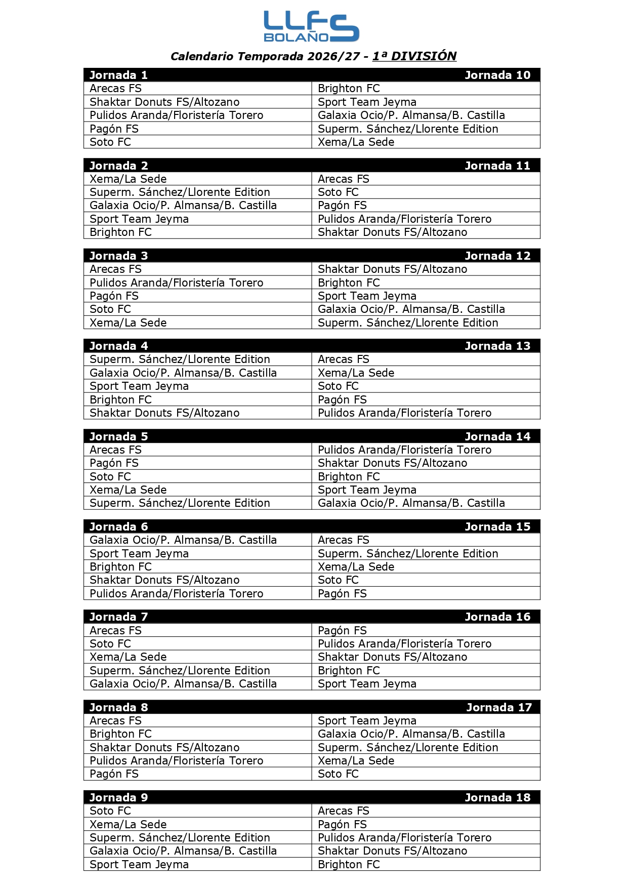 CALENDARIO 1ª DIVISIÓN