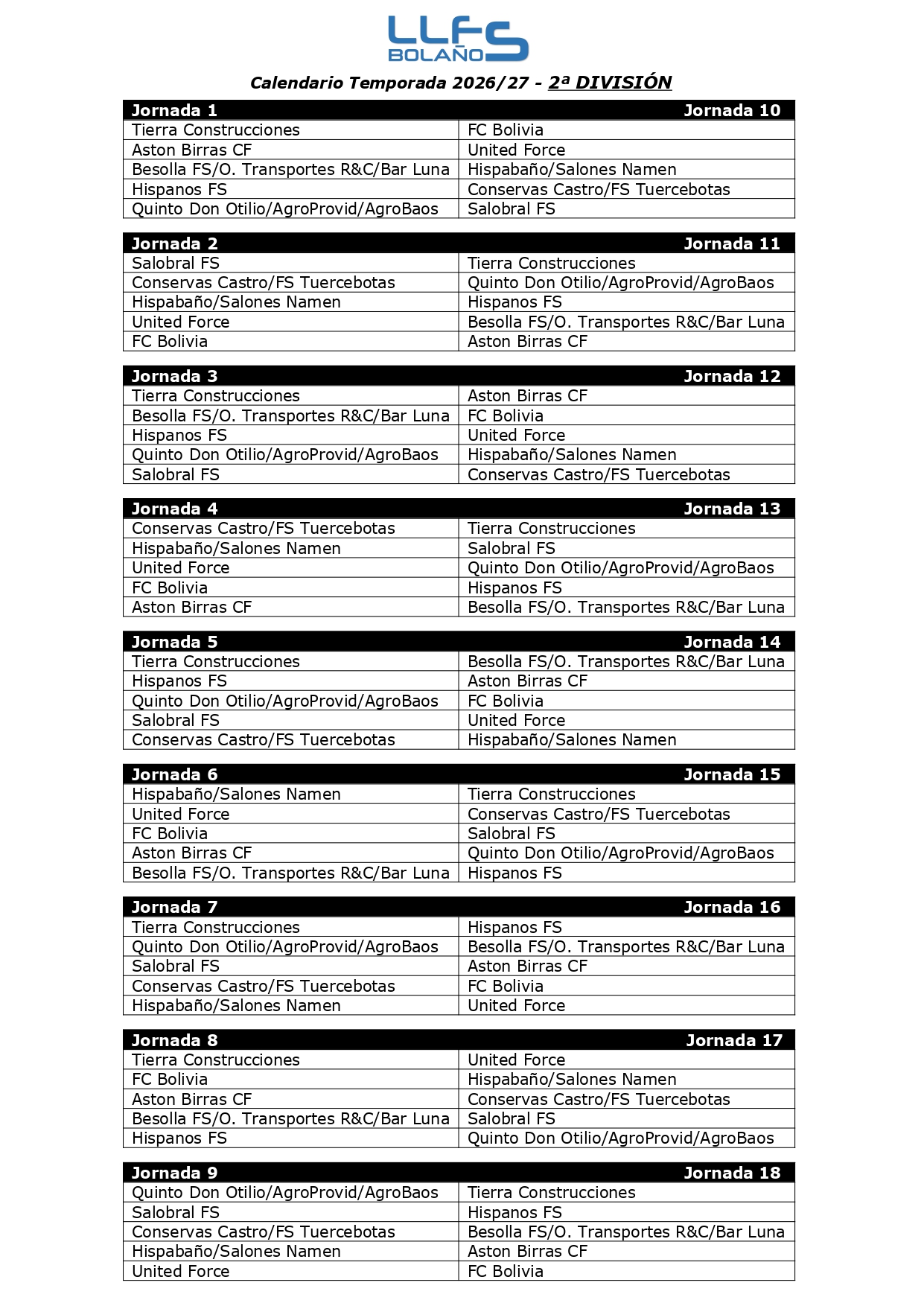 CALENDARIO 2ª DIVISIÓN
