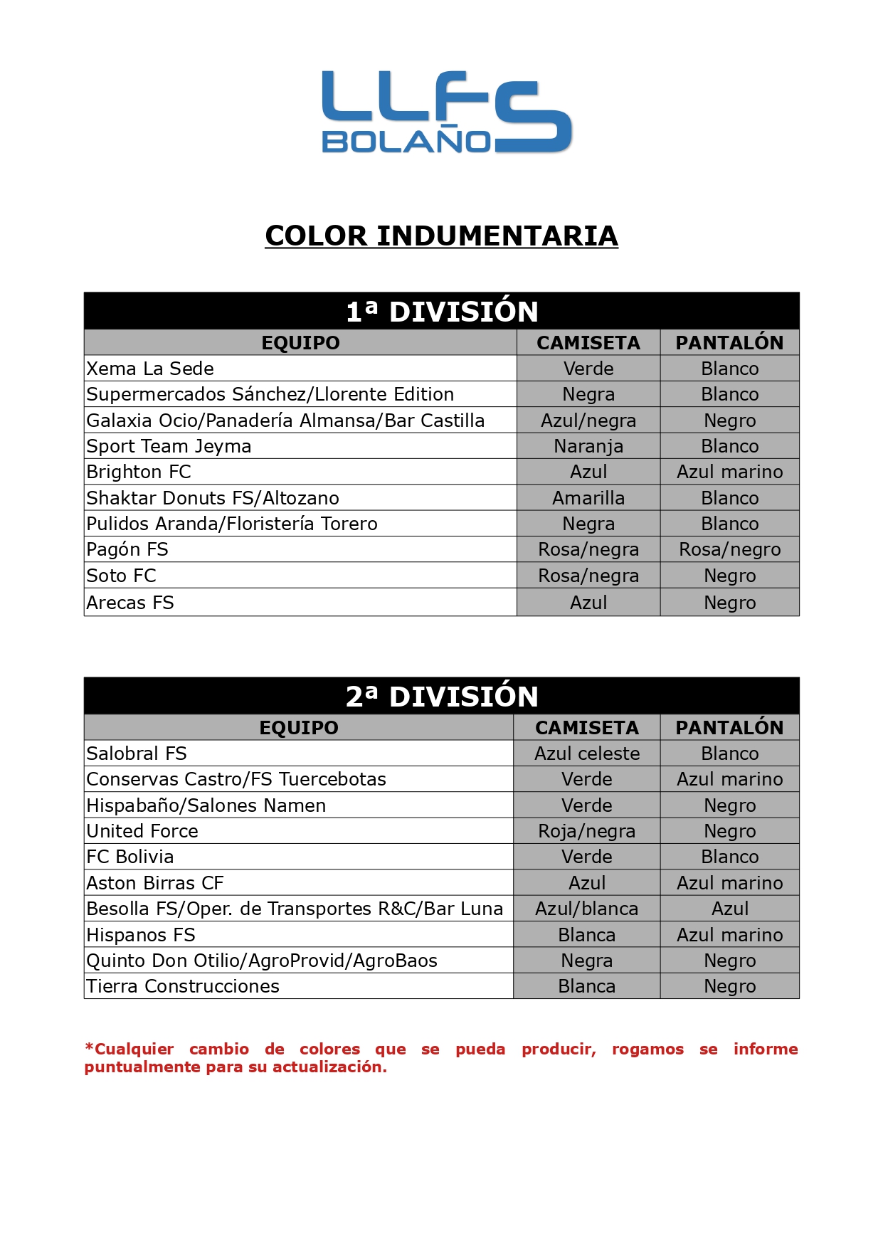COLOR INDUMENTARIA