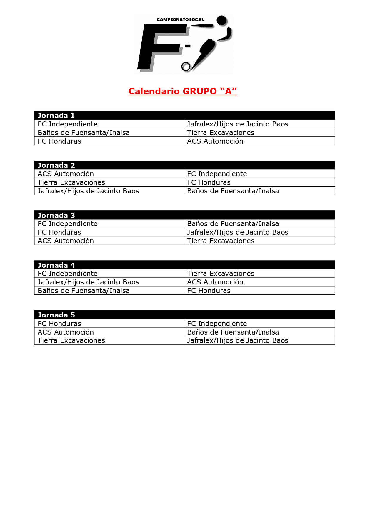 CALENDARIO GRUPO "A"